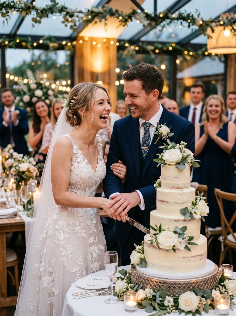 A couple laughing while cutting the cake