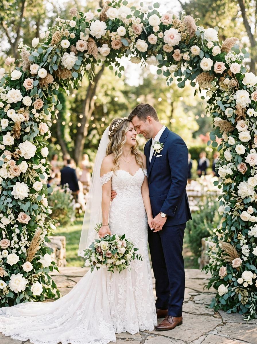 A joyful couple under a floral arch