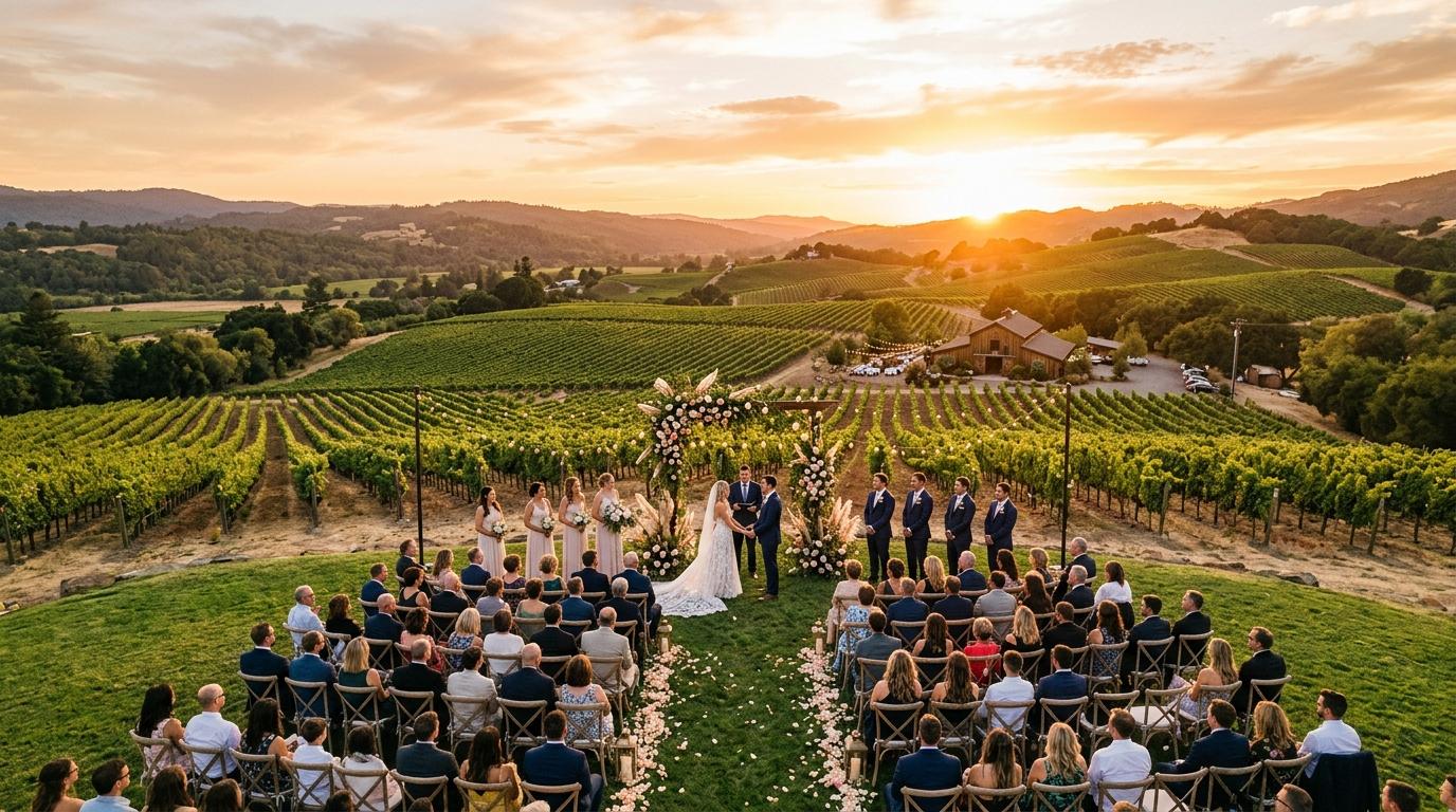 A vineyard wedding during golden hour