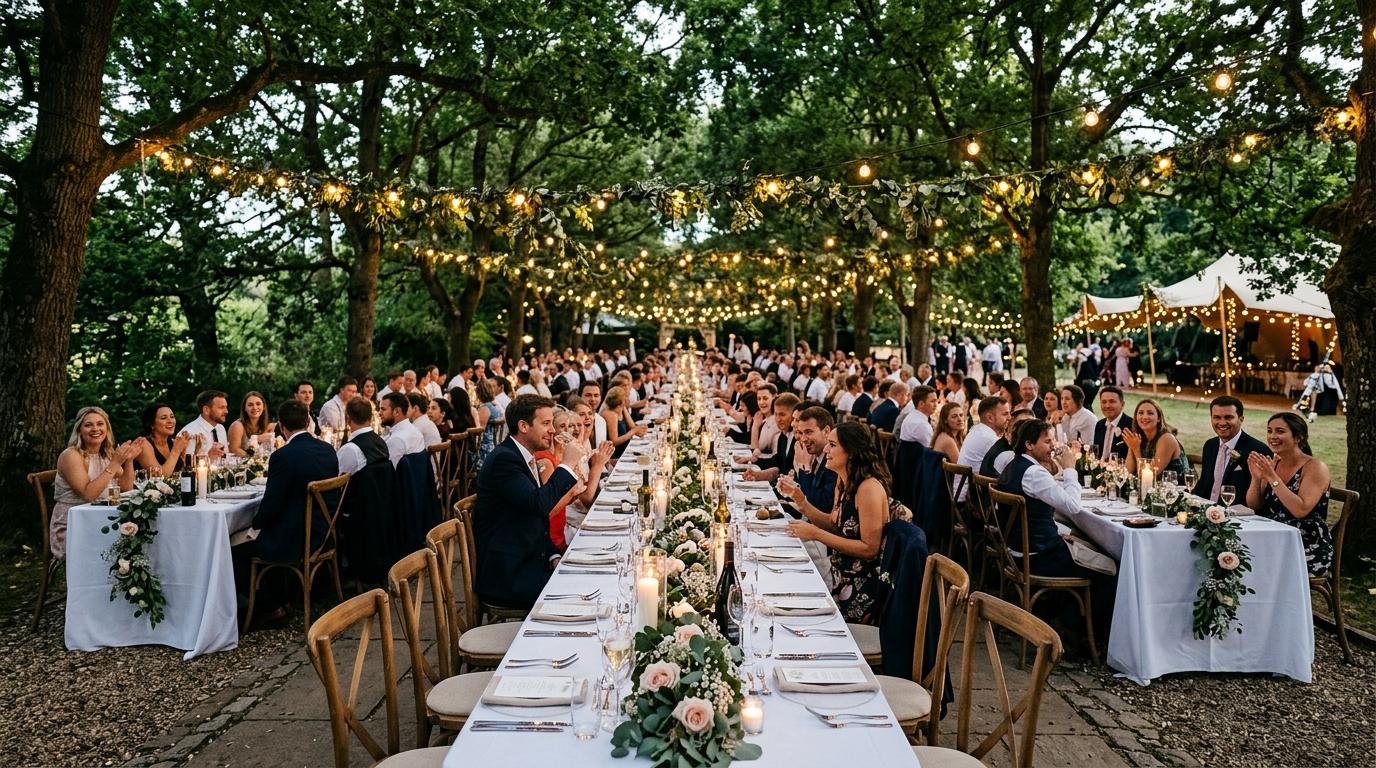 A reception table set under trees